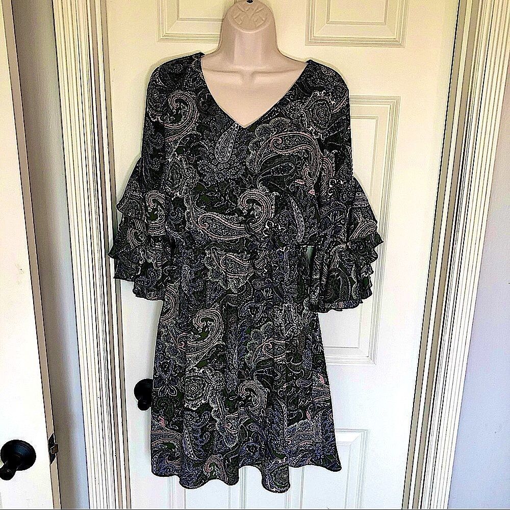 𝅺C EST. 1946 green, pink paisley liberty floral flair arm mod dress S‎